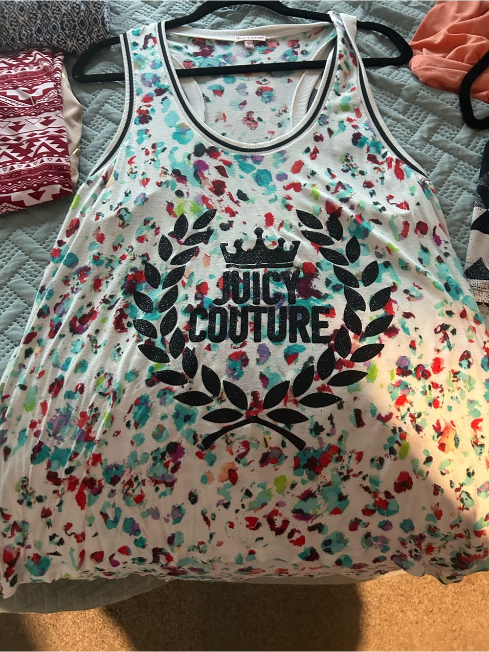 Juicy Couture White Tank Top with Multicolor Speckle and Black Glittery logo